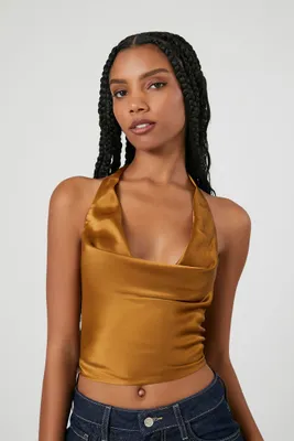 Women's Satin Cowl Halter Crop Top in Cigar Large