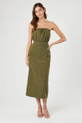 Women's Drawstring Tube Maxi Dress in Olive Small