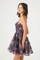 Women's Organza Floral Print Mini Dress in Black, XL