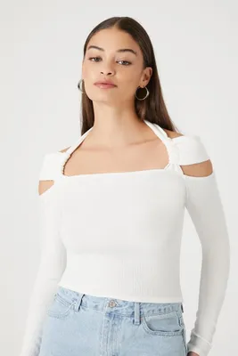 Women's Ribbed Knit Cutout Top in White Large