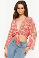 Women's Abstract Chiffon Tie-Front Crop Top in Orange/Ivory Large