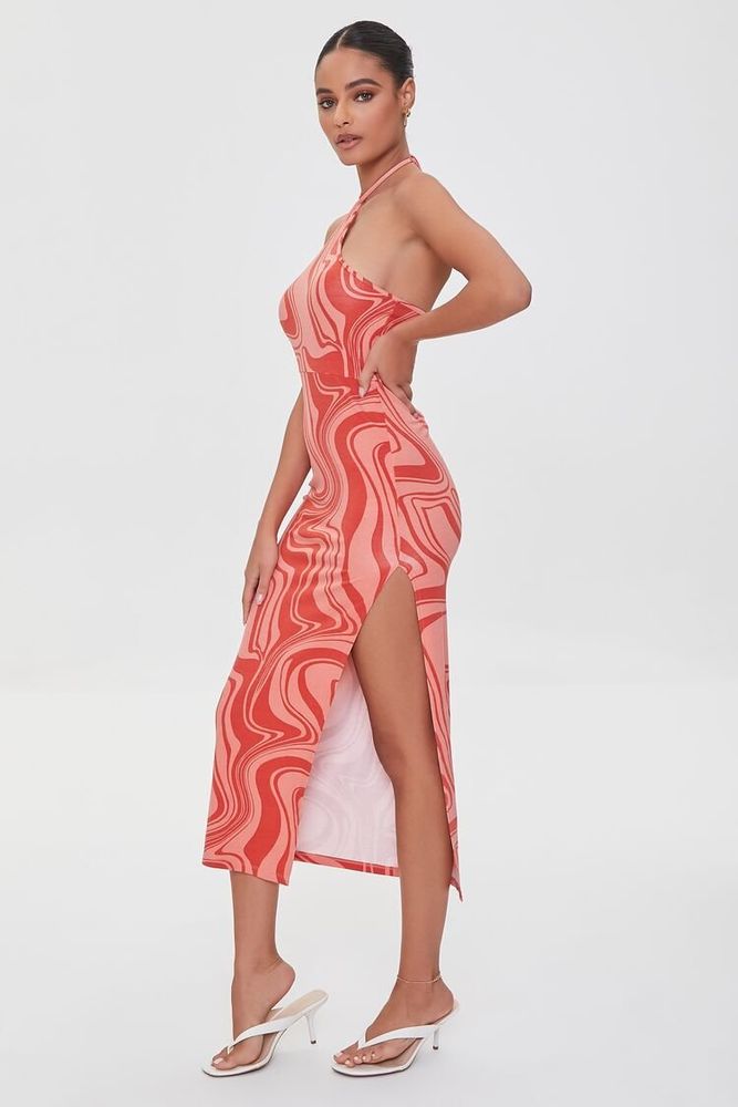 Women's Marble Print Halter Midi Dress in Pink/Red Medium