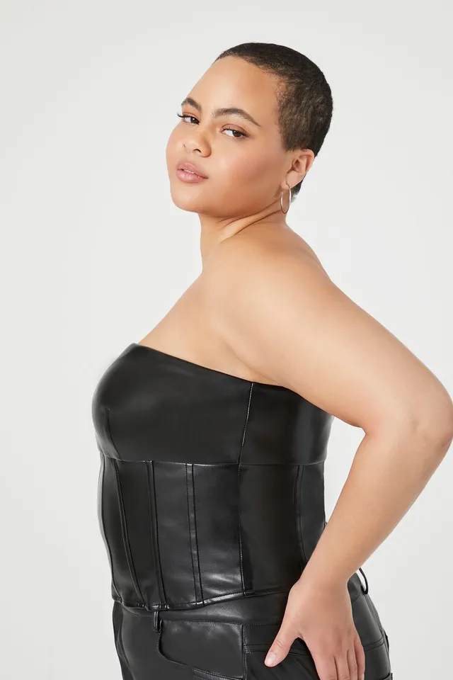 Forever 21 Women's Faux Leather Corset Tube Top Black