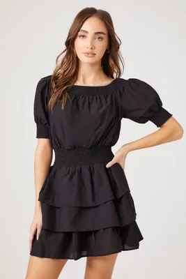 Women's Smocked Puff-Sleeve Mini Dress in Black Small