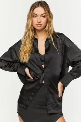 Women's Satin Oversized Long-Sleeve Shirt Black