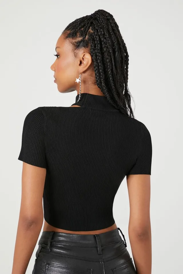 Forever 21 Women's Sweater-Knit Cutout Crop Top in Black Large