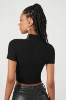 Women's Sweater-Knit Cutout Crop Top in Black Small