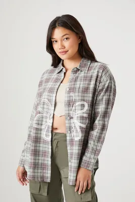 Women's Plaid Flannel Floral Graphic Shirt in Sage Large