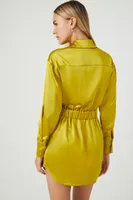 Women's Satin Mini Shirt Dress in Olivine Small