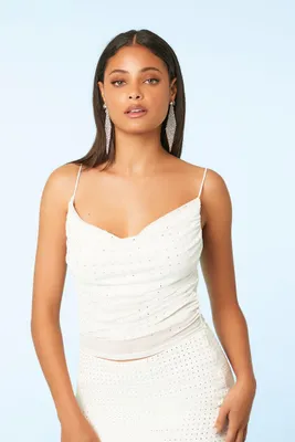 Women's Mesh Rhinestone Cowl Neck Crop Top in White Small