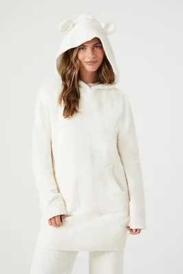 Women's Fuzzy Sweater-Knit Bear Hoodie in Vanilla Small