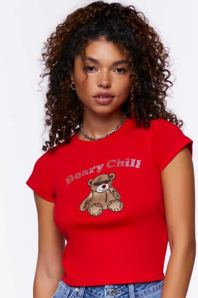 Women's Rhinestone Beary Chill Graphic T-Shirt in Red Large