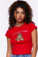 Women's Rhinestone Beary Chill Graphic T-Shirt in Red Small