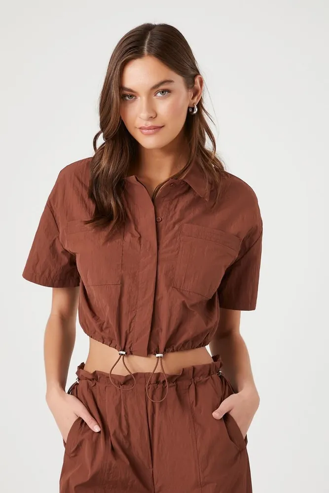 Women's Toggle Drawstring Cropped Shirt in Cappuccino Large