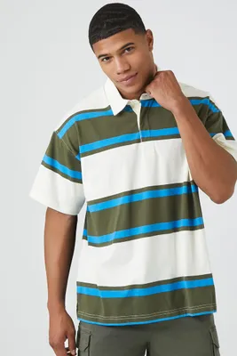 Men Striped Short-Sleeve Polo Shirt in Cream Large