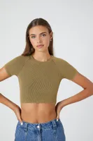 Women's Rib-Knit Cropped T-Shirt in Olive Large