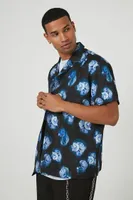 Men Satin Floral Print Shirt in Black, XL