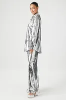 Women's Metallic Sequin Shirt & Pants Set Silver