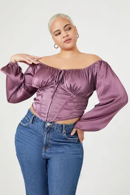 Women's Off-the-Shoulder Satin Top in Purple, 3X