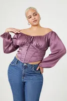 Women's Off-the-Shoulder Satin Top in Purple, 3X