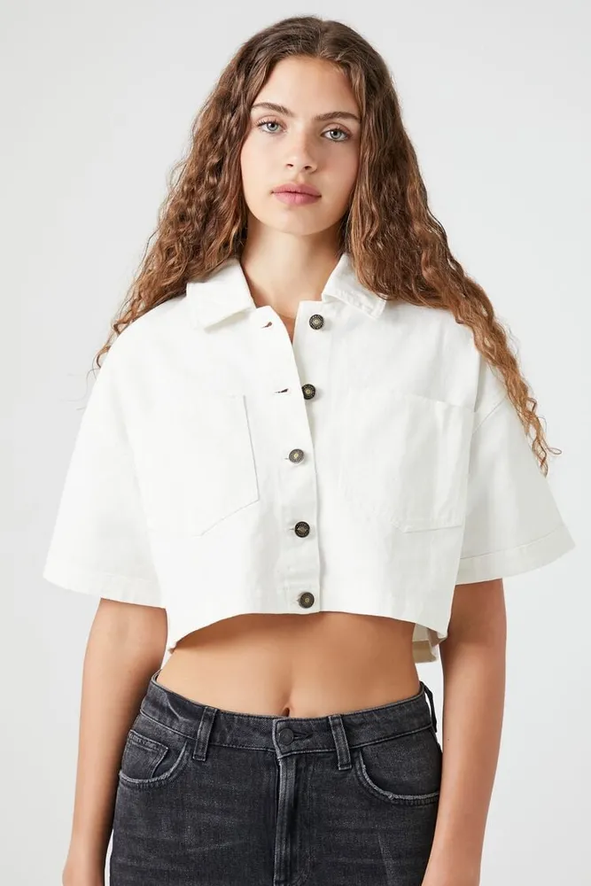 Women's Boxy Cropped Denim Jacket in White, XS