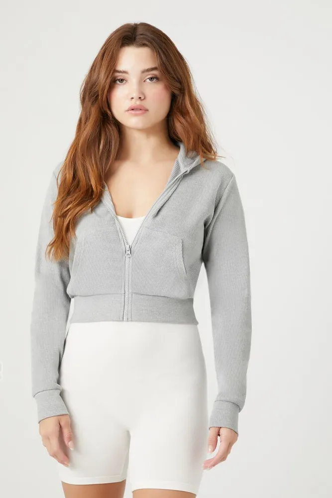 Forever 21 Women's Cropped Zip-Up Hoodie in Heather Grey Small