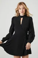 Women's Surplice Mock Neck Wrap Dress in Black, XS