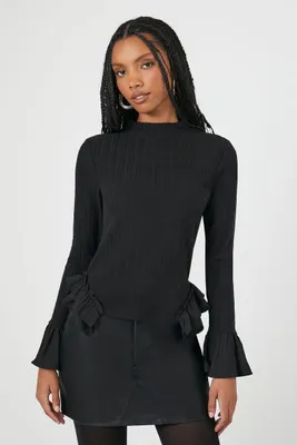 Women's Ribbed Ruffle-Trim Top Black,