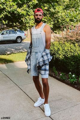 Men Denim Overall Shorts in Light Blue, XS