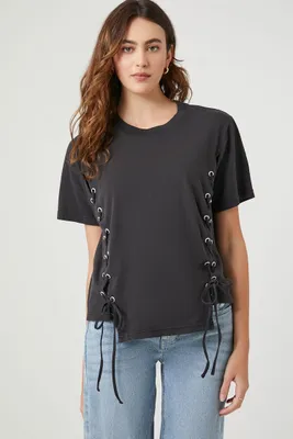 Women's Lace-Up Crew T-Shirt in Black, XS