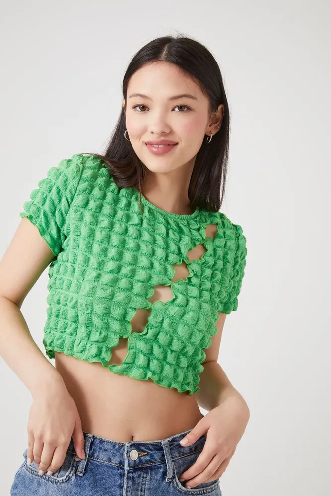 Women's Textured Cutout Crop Top in Green, XL