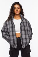 Women's Plaid Puffer Jacket in Black Large