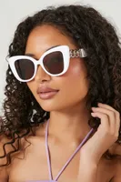 Cat-Eye Curb Chain Sunglasses in White/Brown