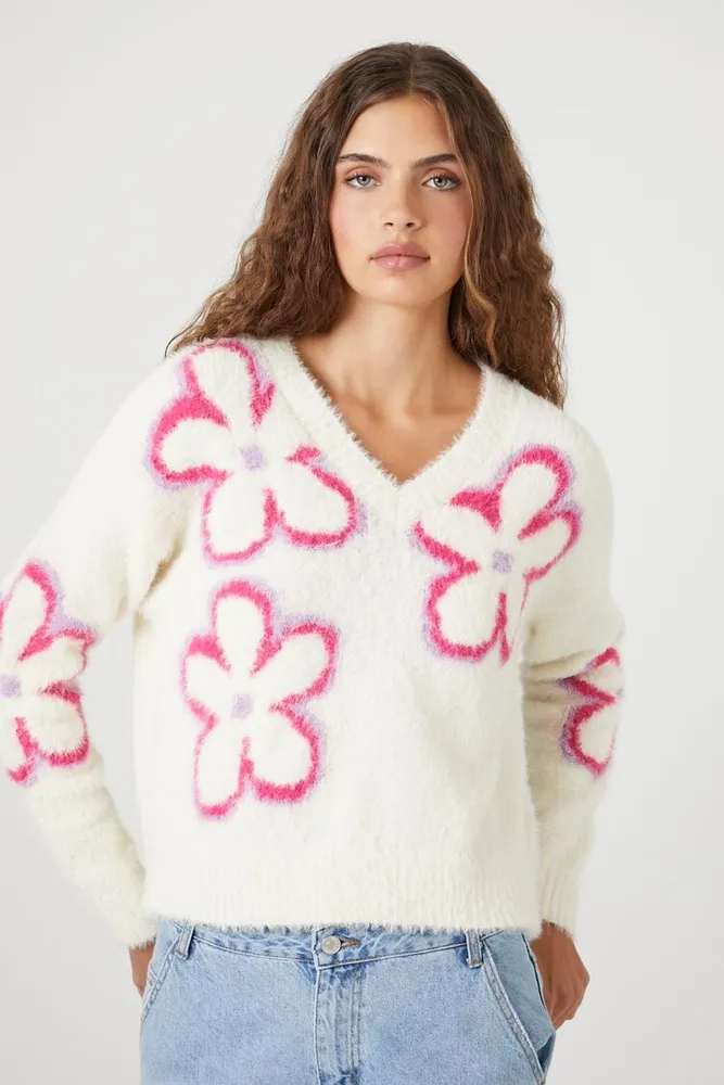 Women's Fuzzy Flower Print Sweater in White Medium