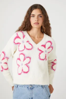 Women's Fuzzy Flower Print Sweater in White Small