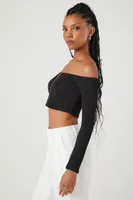 Women's Ribbed Off-the-Shoulder Crop Top in Black Medium