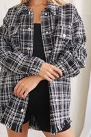 Women's Plaid Tweed Frayed Shacket in Black Medium