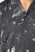 Men Satin Constellation Graphic Shirt in Black, XXL