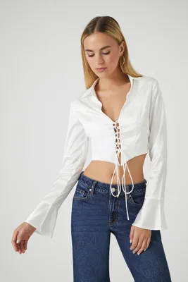 Women's Satin Lace-Up Crop Top in White Large