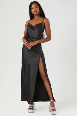 Women's Satin Leg-Slit Maxi Dress Black