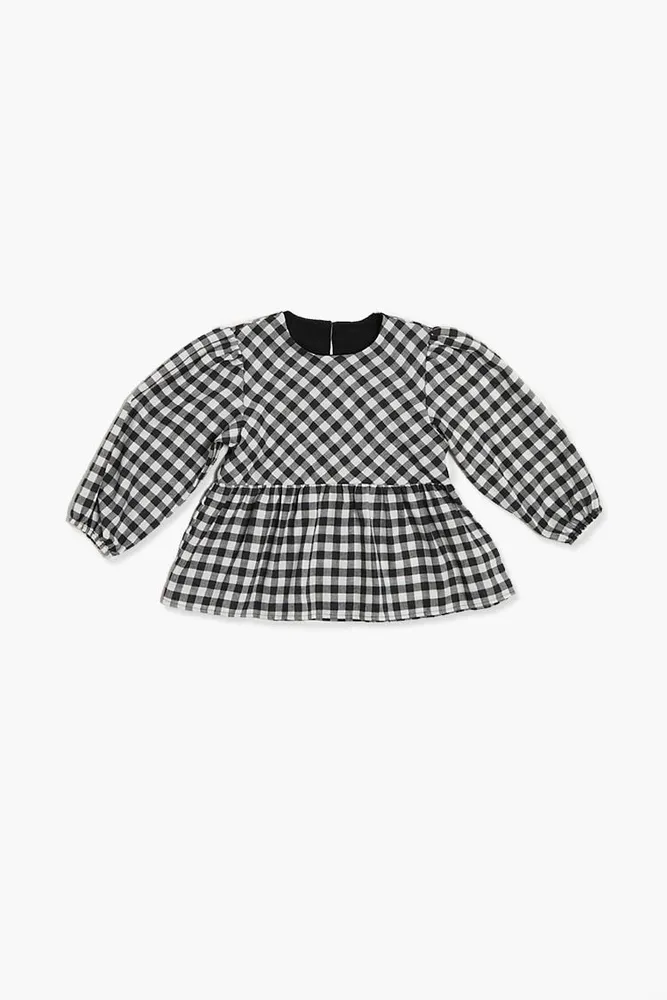 Girls Plaid Puff-Sleeve Peplum Top (Kids) in White/Black, 13/14