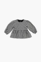 Girls Plaid Puff-Sleeve Peplum Top (Kids) in White/Black, 13/14