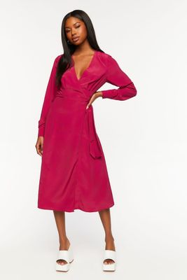 Women's Surplice Long-Sleeve Wrap Midi Dress in Magenta Small