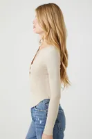 Women's Curved-Hem Henley Top in Pine Bark Large