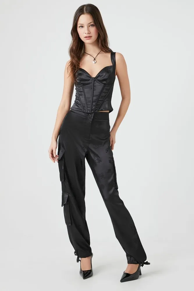 Women's Satin Jacquard Cargo Pants in Black Medium