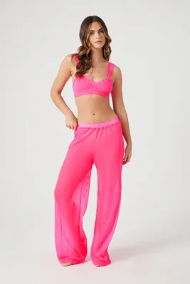 Women's Lace-Trim Mesh Pants in Neon Pink Small