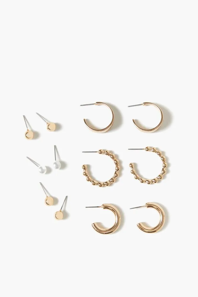 Women's Round Stud & Hoop Earring Set in Gold