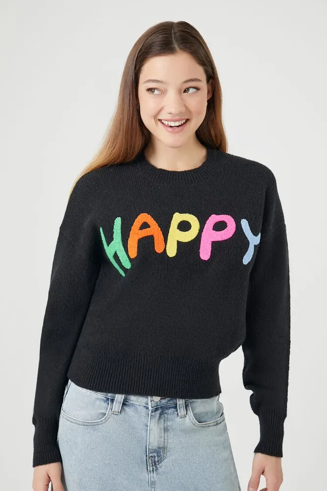 Women's Happy Graphic Sweater in Black, XS