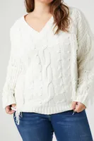 Women's Cable Knit Fringe Sweater in Cream, 1X