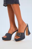 Women's Buckle Denim Flare Heels in Blue, 7.5